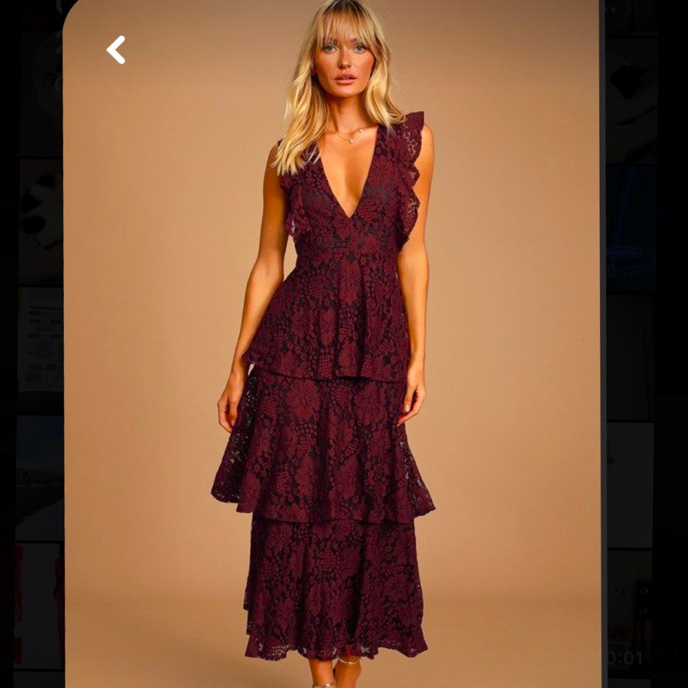 Lulu’s Molinetto Burgundy Lace Ruffled Tiered Sleeveless Maxi Dress, size Small